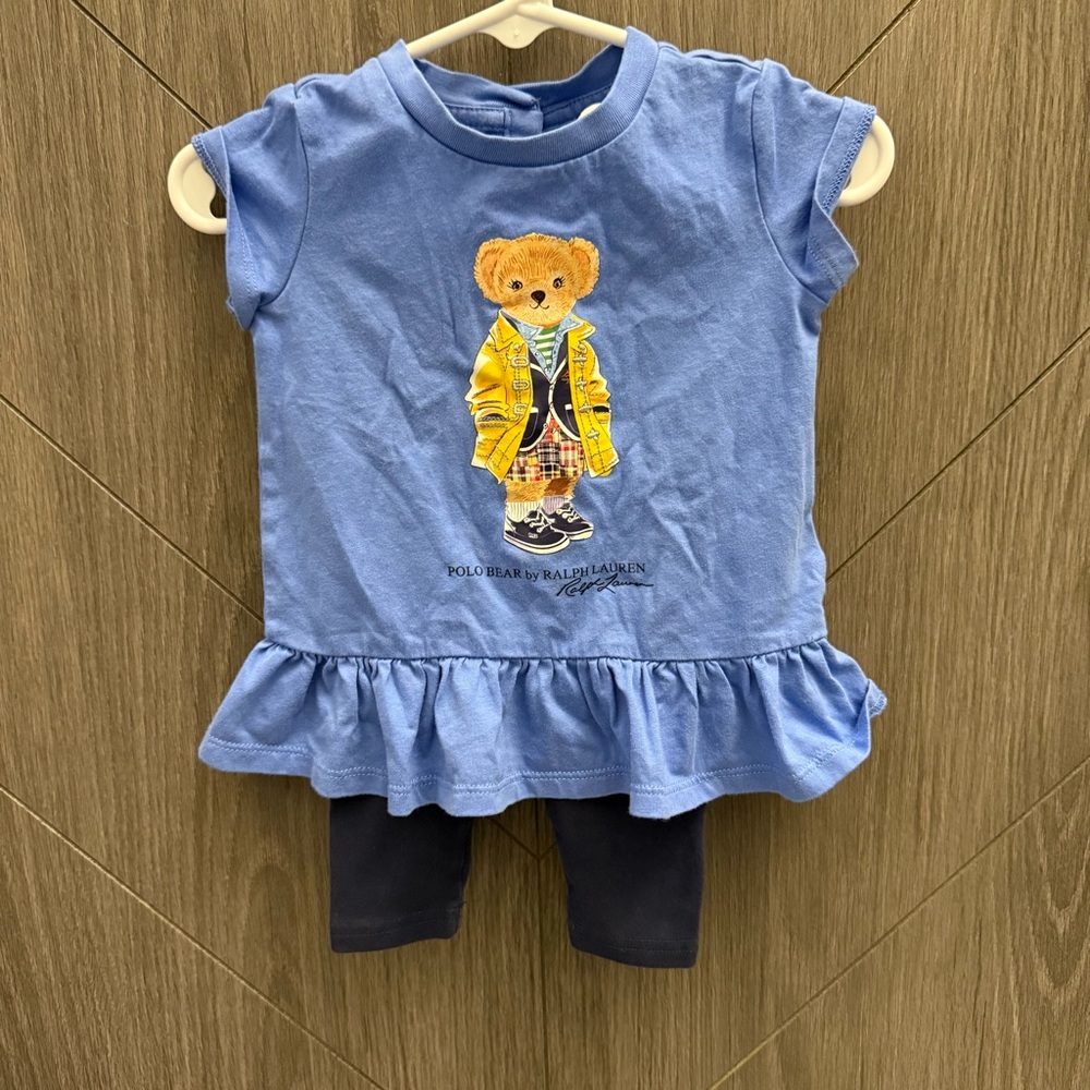Ralph Lauren Blue Ruffle Tee with Bear and Navy Leggings